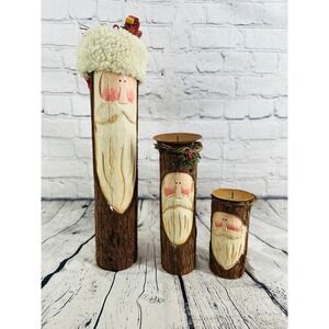 Vintage Midwest of Cannon Falls Hand Carved Wood Log Santa Candle Holder Set
